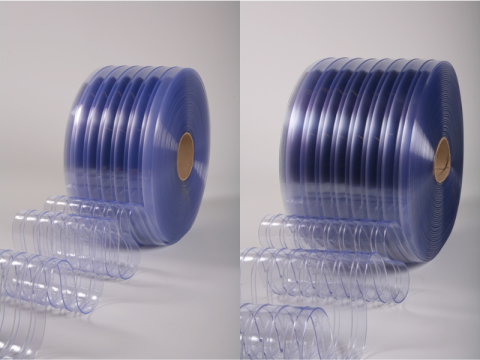side-by-side rolls of standard ribbed PVC strip curtains in 12-inch and 16-inch widths, with transparent blue tint and ribbed texture