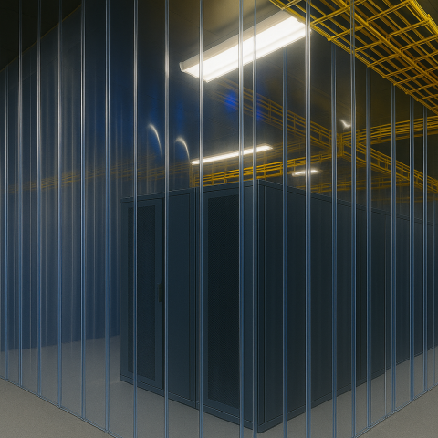 Alt text: A server room is enclosed with transparent PVC strip curtains, with yellow overhead cable trays visible above the black server cabinets.