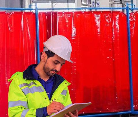 Industrial safety inspector reviewing notes in front of red welding PVC curtains inside a manufacturing plant